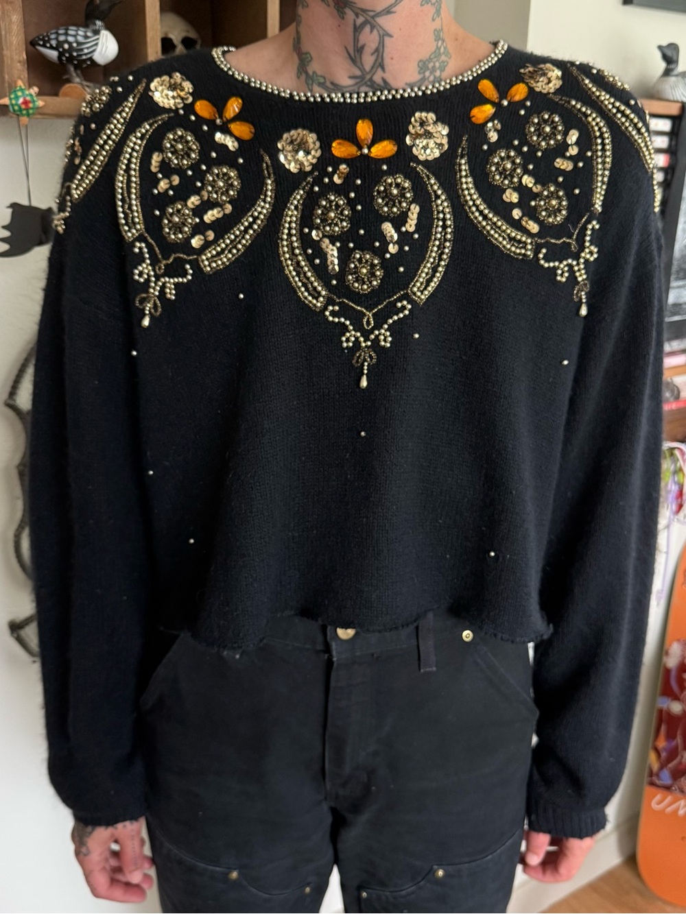 Vintage 80s 90s Beaded Cropped Sweater Silk Rabbit Nylon Lambswool ~ Size XL